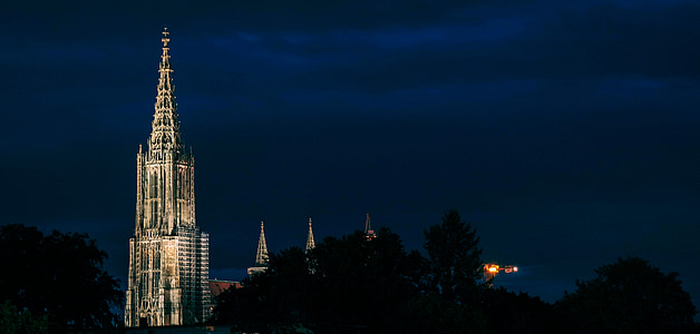 Katedra w Ulm, Ulm, Münster, noc, Dom, Wieża, Wieża
