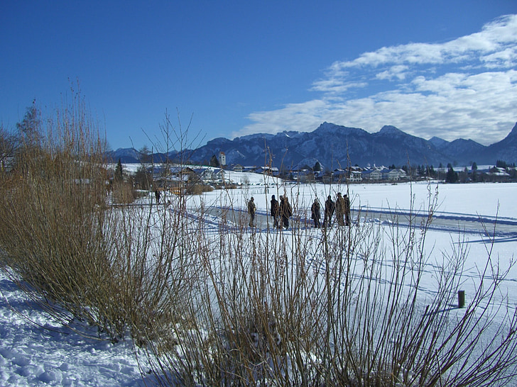 winter, snow, lake, ice, curling ground, athletes, mountain