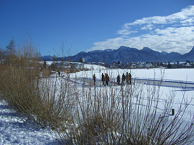 冬天, 雪, 湖, 冰, 卷曲地面, 运动员, 山