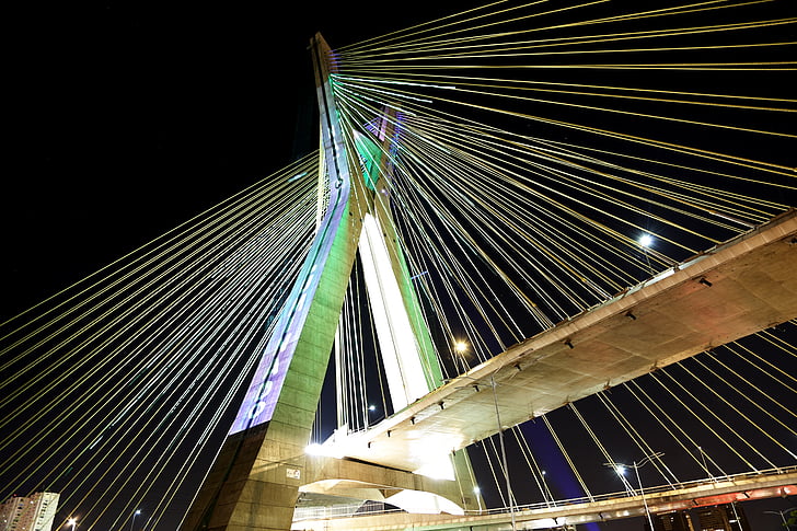 brug, geschorst op kabels, São paulo, het platform, briefkaart, verlichting, nacht