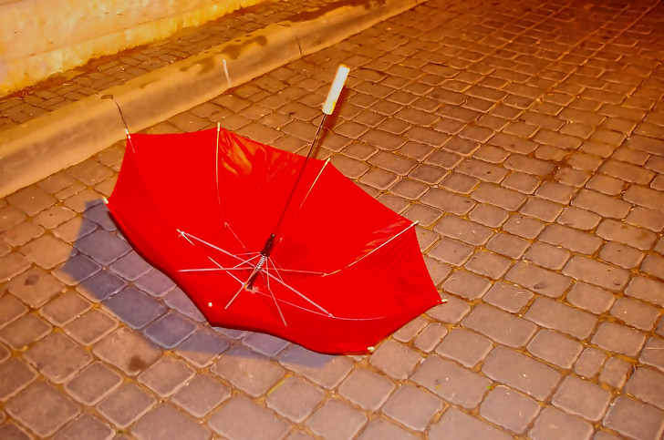 red, umbrella, lost, urban, sad, winter, wind