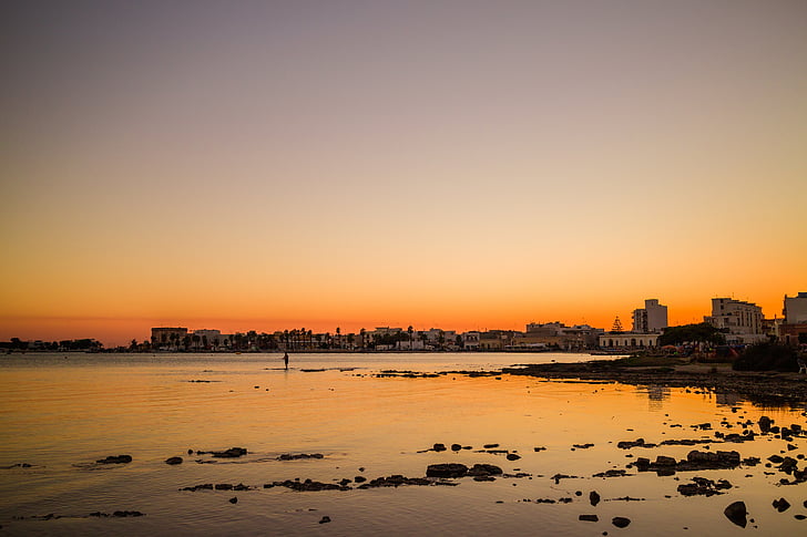 Salento, Porto cesareo, puesta de sol, Puglia, mar, reflexión, ciudad
