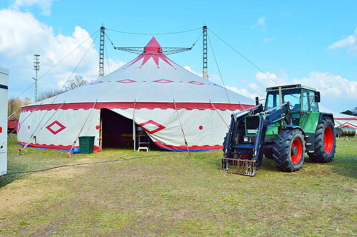 Cirque, bâtiment, tente, tente 2 pôles, tracteur