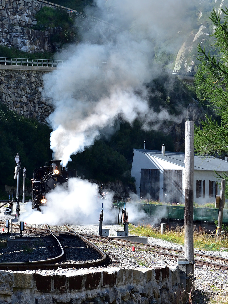 Steam railway furka-bergstrecke, Gletsch, Furkapasset, Valais, Schweiz, damplokomotiv, Alpine