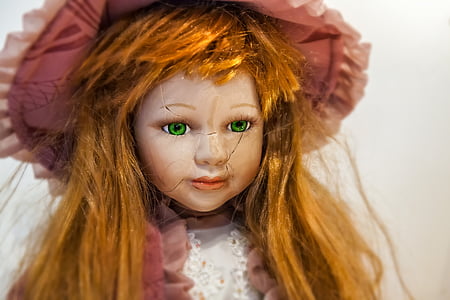 bambola, bambino, ragazza, verde, sguardo, argilla, lana