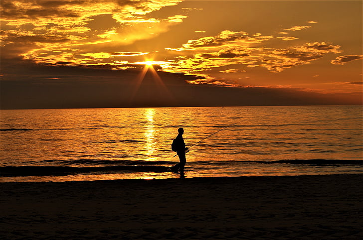 angler, sea, sunset, lonely, beach, silhouette, outdoors