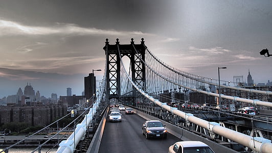 Brooklyn-híd, New York-i, függőhíd, híd, forgalom, város, autók