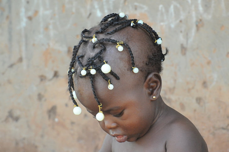 niño, cabello africano, África, negro, Guinea, Isla de bubaque, solo