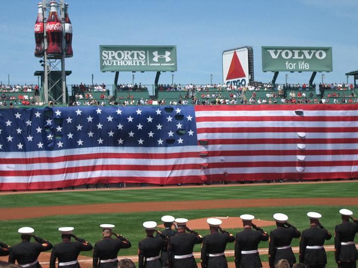 Fenway park, Boston, Massachusetts, baseball, drapeau américain, ballparks, drapeau géant