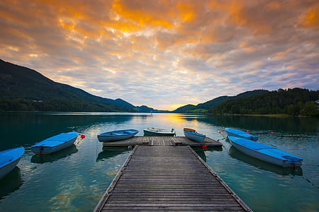 Západ slunce, Fu shi jezero, Rakousko, jezero, Příroda, venku, krajina