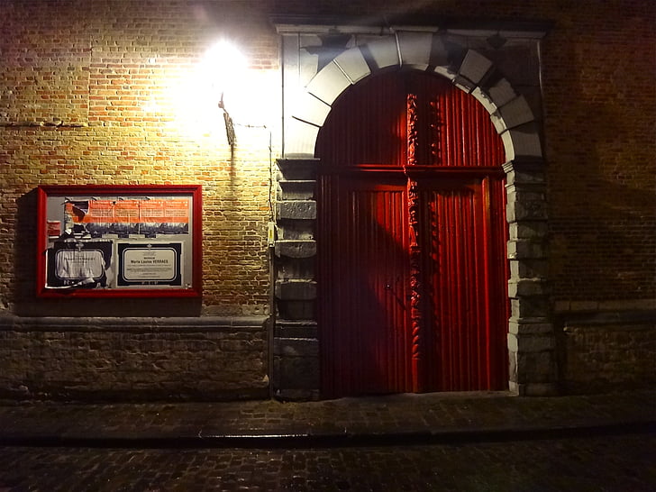 nuit, lumière, illumination, porte rouge, Bruges