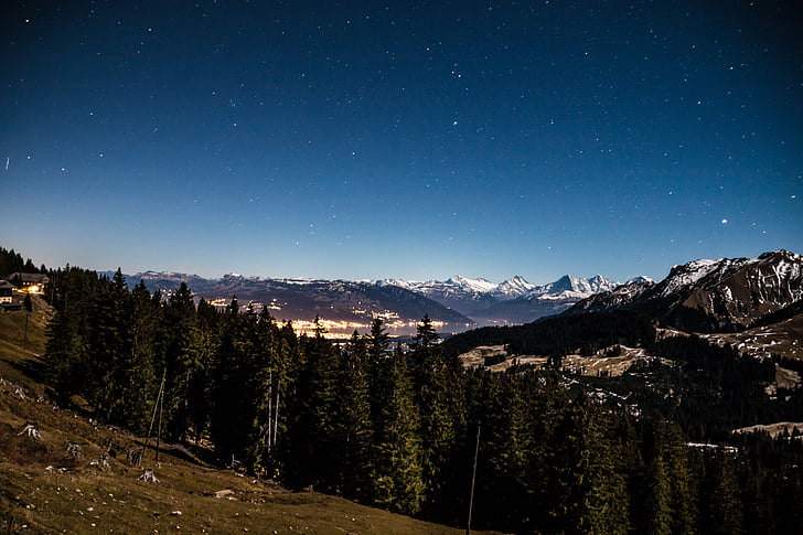 céu estrelado, estrela, montanhas, longa exposição, céu da noite, Suíça, gurnigel