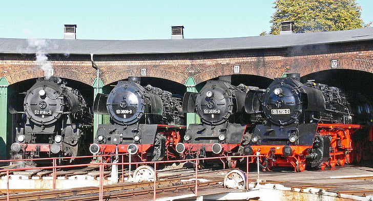 locomotive à vapeur, hangar de locomotive, plaque tournante, Staßfurt, locomotives de fret, BR50, Br52