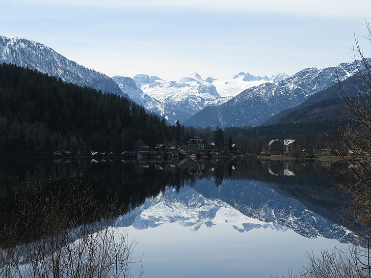 mountain, lake, mirroring, austria, snow, nature, landscape