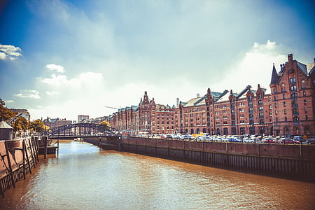 architecture, channel, city, hamburg, old, sky, built structure