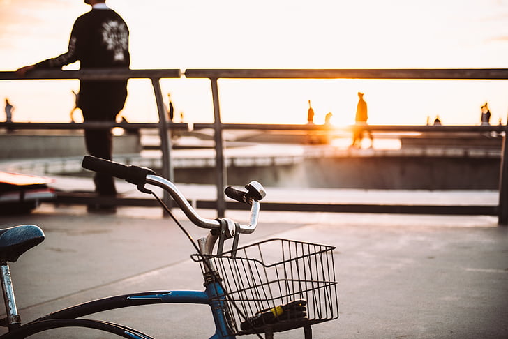 praia, banco, bicicleta, bicicleta, Borrão, cidade, amanhecer