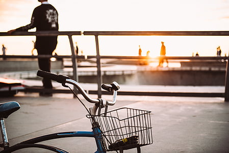 beach, bench, bicycle, bike, blur, city, dawn