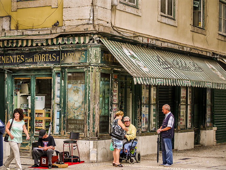 lisbon, decadent, shop, portugal, people, street, men