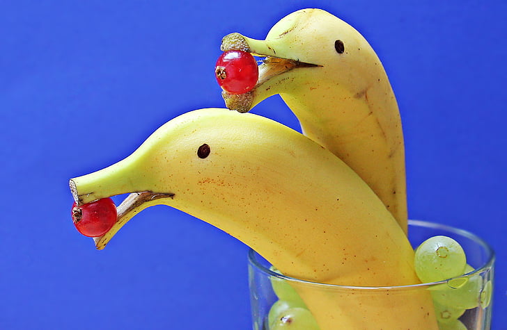 Delfin-Bananen, Banane-Delphin, Bananen, Delfine, Obst, Satz, Trauben