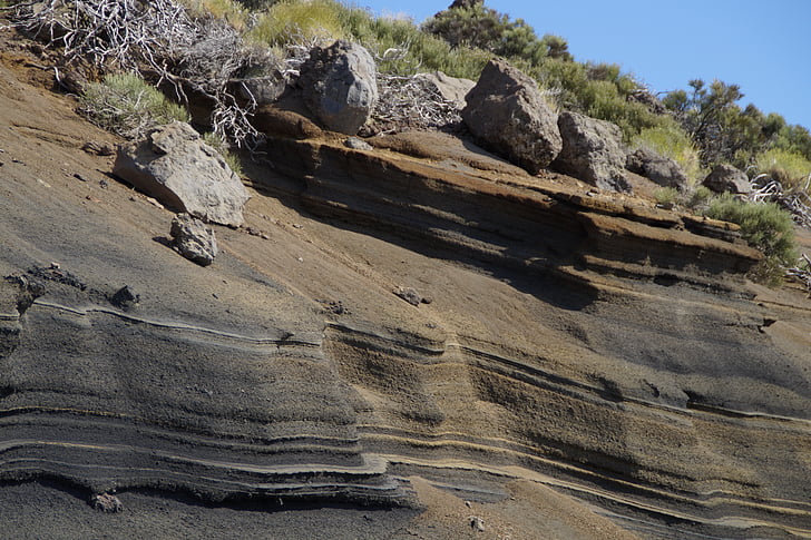 rock layers, mountain, tenerife, fouling, sand, sand wall, nature