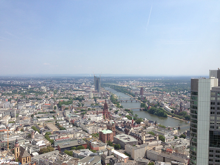 Frankfurte pie Mainas, galvenais, siluets, Debesskrāpis, pilsētas centrs, centrs, galvenais tornis