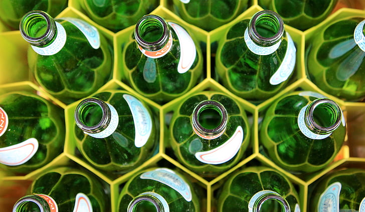 grön, glas, flaskor, Honeycomb, fack, dryck, Tom