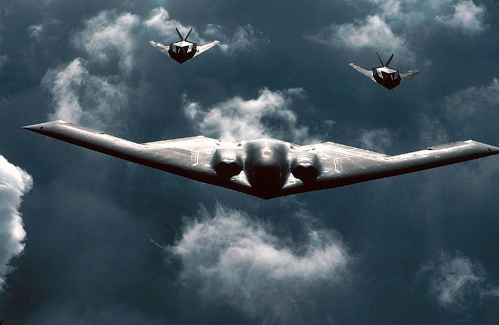 militaire, avion, avions, B2, f-117, formation, nuages