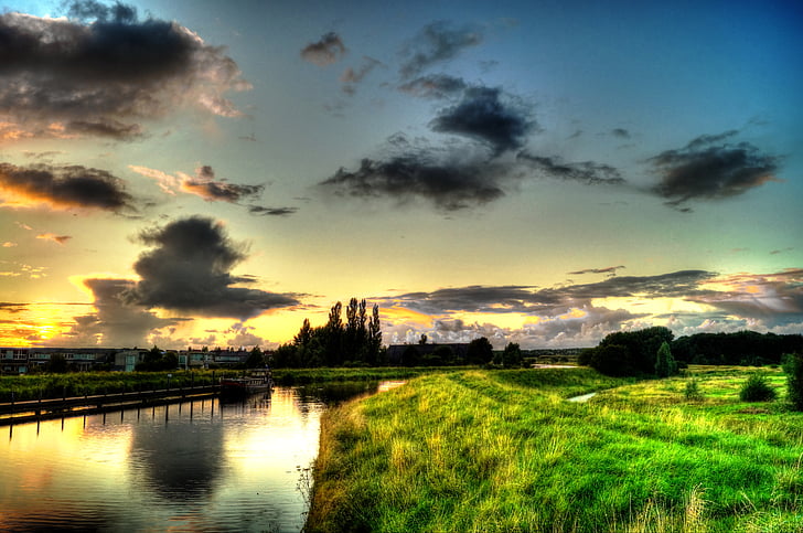 green, grass, near, body, water, photo, sunset