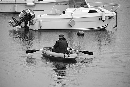 người đàn ông, rower, chèo thuyền, màu đen và trắng, nước, thư giãn, đi canoe