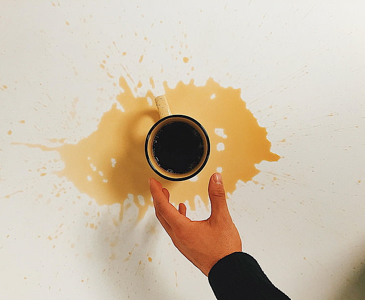 coffee, hand, mug, poured, poured out, white, table
