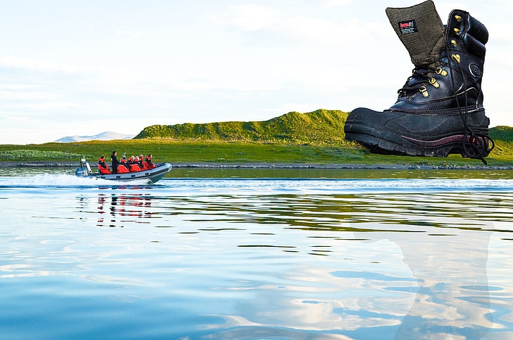 mountain shoe, hiking shoes, walking tour, boat tour, photo montage, spitsbergen, north atlantic