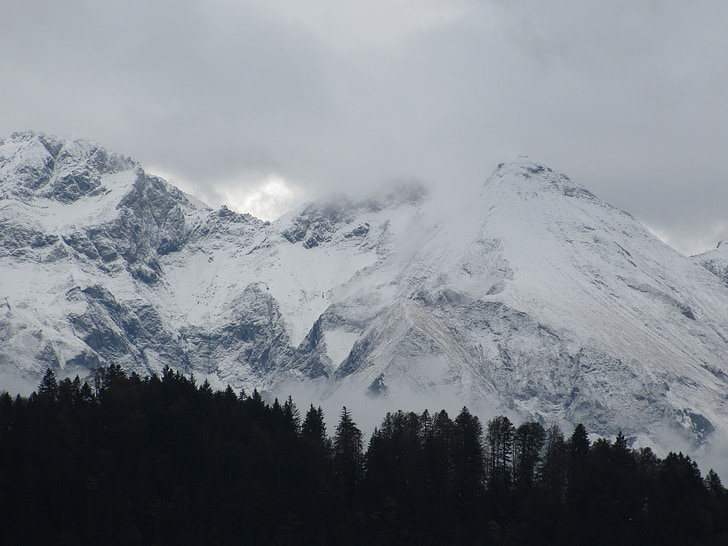 alpejska, śnieg, góry, mgła
