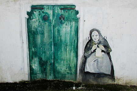 graffiti, festészet, régi ház, öregasszony, ajtó, hagyományos, falu