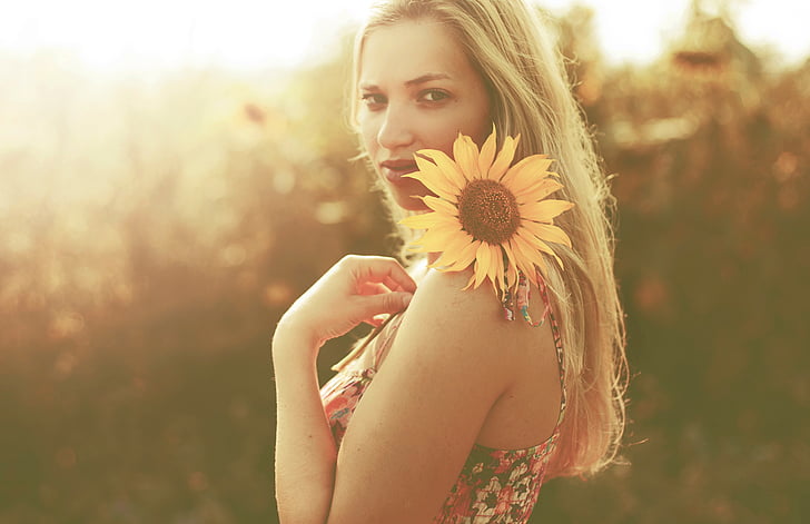 Foto, femeie, în picioare, Holding, floarea-soarelui, lavinia, floarea soarelui