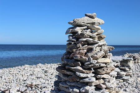 stone, sea, grey, blue, stacked up, nature, stone beach