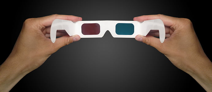 bril, stereoscopisch 3d, 3D bioscoop, bril in de hand, kleurrijke glazen, 3D, film