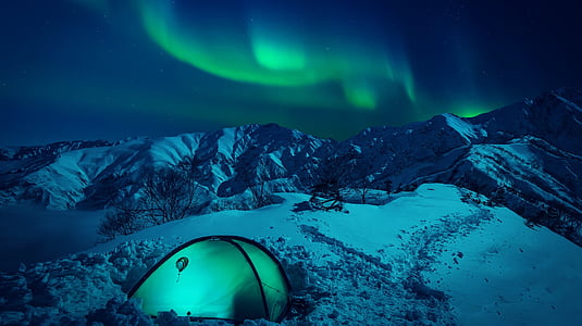 the northern lights, radiance, the polar circle, the sky, snowy, snow, winter