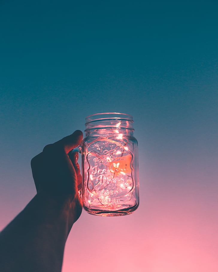 sky, sunset, hand, glass, jar, string, lights