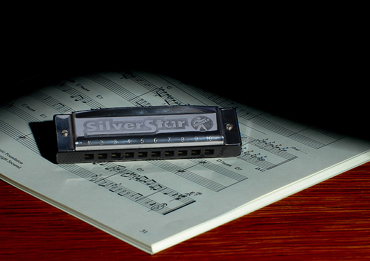 harmonica, music, book, wood