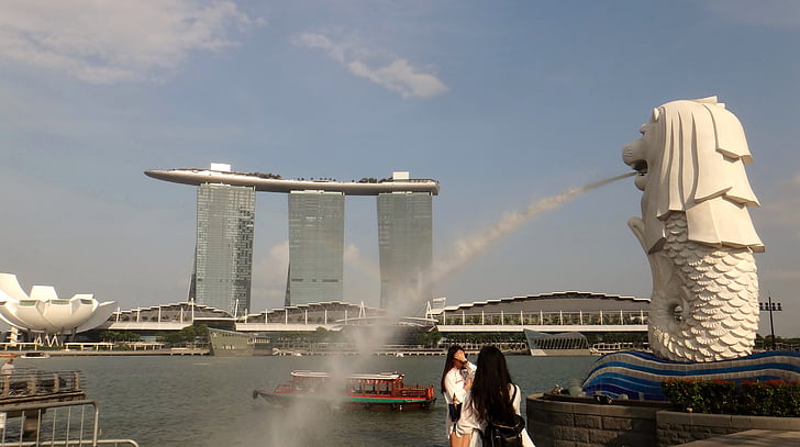 Singapūra, merlion, aerosols, ūdens, arhitektūra, cilvēki un kultūra, orientieris