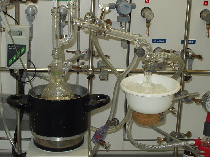 Destille, distilare, chimie, laborator, cu piston, sinteza, echipamente