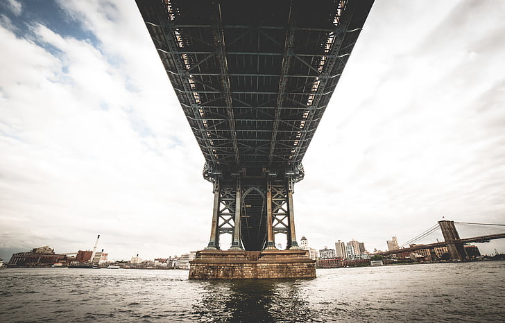 svart, stål, Bridge, nær, vann, photographt, underbridge