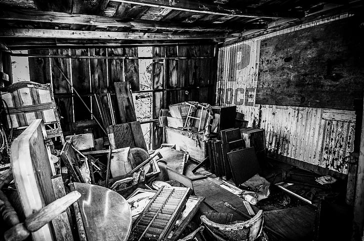 black and white, clutter, structure, wood, dilapidated