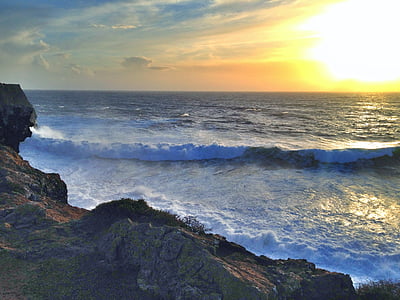 beach, cliff, ocean, water, rock, sunset, wave