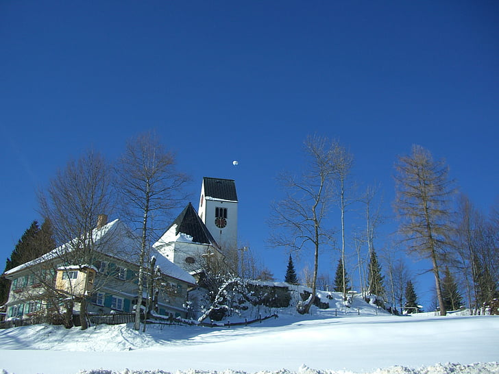 Oy-mittelberg, Biserica, cer, albastru, iarna, zăpadă