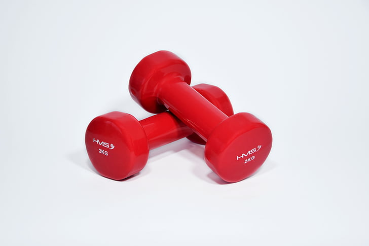 Halter, pesos, exercici, gimnàs, els músculs, aprimament, vermell
