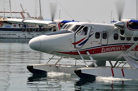 seaplane, port, aircraft, landing, water, white, red