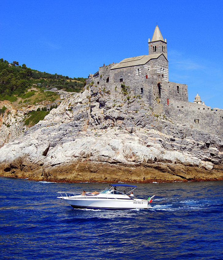 boat, castle, cliff, sea, church, costa, rock