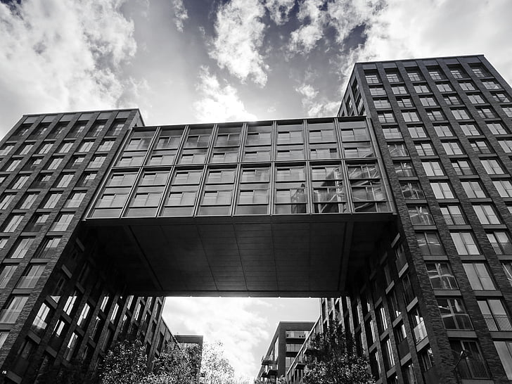 architecture, black and white, buildings, clouds, construction, daylight, exterior