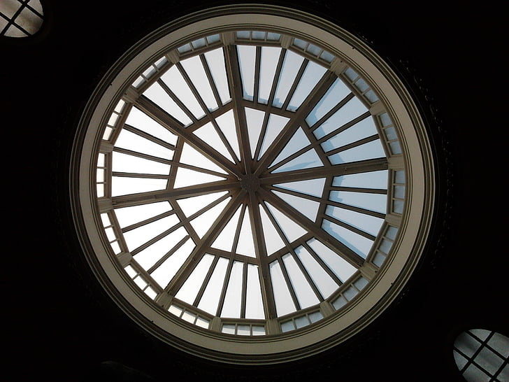 roof, circle, design, indoors, dome, window, no people